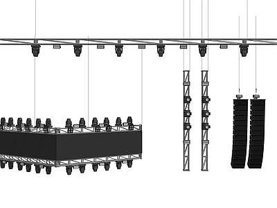 现代舞台灯具组合 舞台屏幕 线阵音响 面光灯 侧逆光灯 顶光灯 舞台灯光