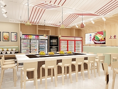 现代网红串串香火锅店 冷藏柜 小料台 门帘 消毒柜