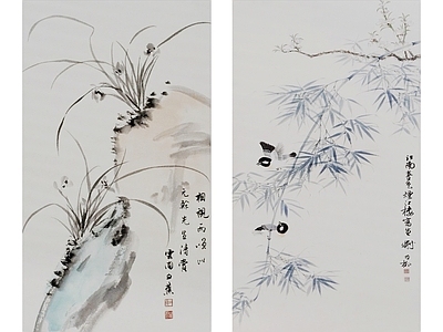 中式清雅兰花竹子飞鸟挂画组合