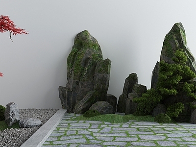 新中式假山水景 石头雕塑 造景树