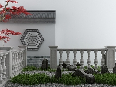 新中式假山水景 景墙 造景树