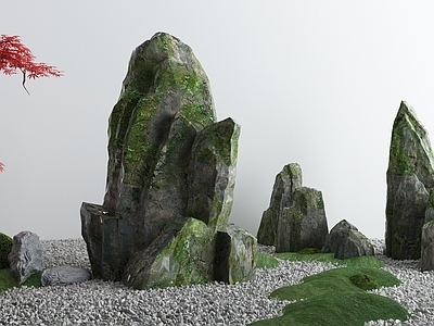 新中式假山水景 石头 石头雕塑 造景树