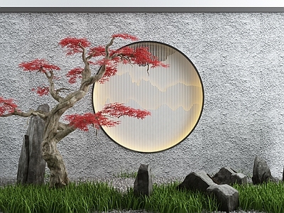 新中式假山水景 石头雕塑 景墙 造景树