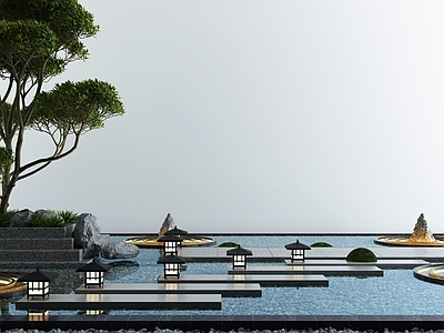 新中式假山水景 池 石头 树