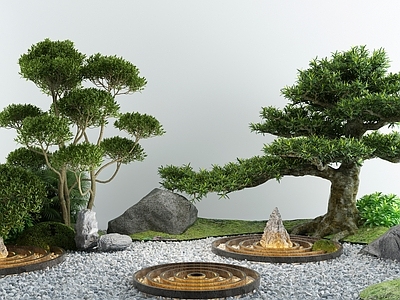 新中式假山水景 石头雕塑 造景树