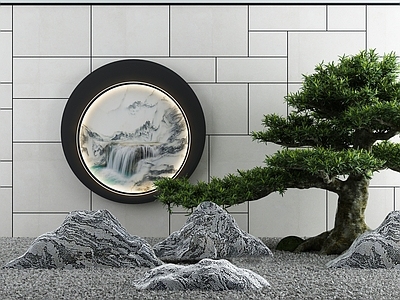 新中式假山水景 石头雕塑 景墙 造景树