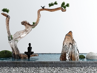新中式假山水景 石头 树