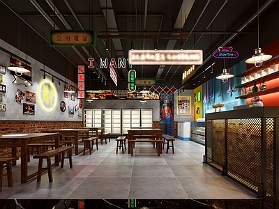 工业风火锅店 餐桌椅 墙饰 门头