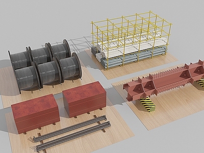 现代施工材料堆场 临时堆场 模板 钢筋 钢结构 电缆线圈 水电管道 工业设备