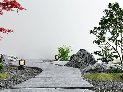 新中式假山水景 小路 造景树