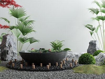 新中式假山水景 池 荷花 树