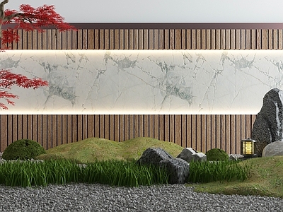 新中式假山水景 景墙 造景树