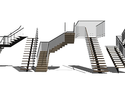 现代扶手楼梯 木材 石材 玻璃 金属