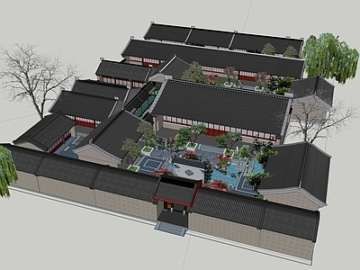 中式四合院 带水景花园