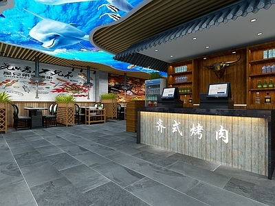 新中式烤肉火锅店 水幕 牛头装饰 冰柜
