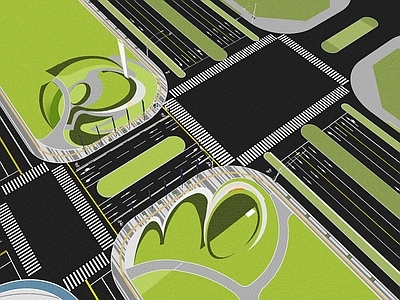 现代市政道路景观 街头绿地公园 斑马线 红绿灯 地面标识铺地 车道划线