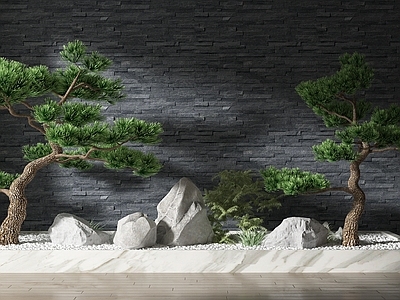 新中式假山水景 假山松树 文化墙体 景墙 造景树