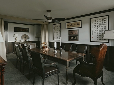 现代民国风剧本杀包间 餐桌椅 吊扇灯 装饰画 边柜 台灯 落地灯 复古装饰品