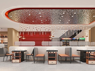 现代火锅店 餐桌椅 放置架 前台 楼梯 档口 隔断 冰箱