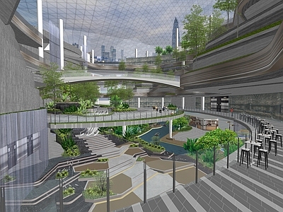 现代商场中庭 阶梯 台地 商场景观 花园购物