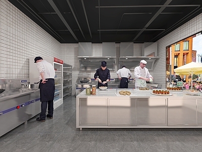 现代酒店后厨 甜品蛋糕操作间 厨师人物 不锈钢厨具 灶台