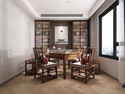 新中式麻将室 装饰柜 麻将桌 装饰画
