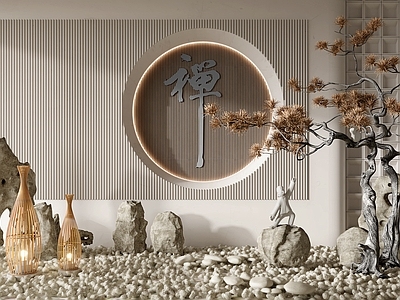 新中式景观小品 假山石头 室内 苔藓 禅意摆件 小景 枯枝 石头雕塑 造景树