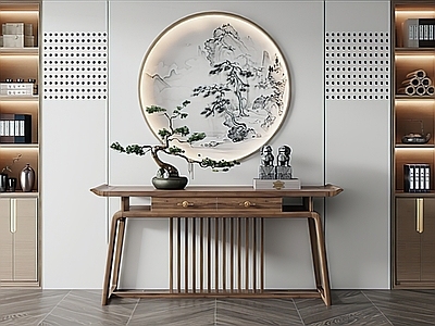 新中式端景条案 盆景 石狮子 组合 陈设装饰 墙饰 茶壶