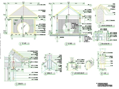 四角钢木结构圆门牡丹亭 施工图