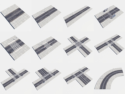 现代公路道路路面 车道路 十字路道路 T字路口 斑马线 多车道道路