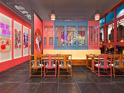 新中式国潮火锅店 串串火锅店 餐馆 饭店 餐桌椅 灯笼 隔断