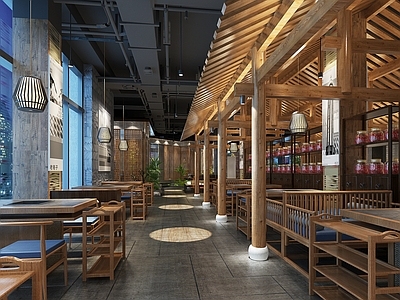 新中式火锅店 木梁架 备餐柜