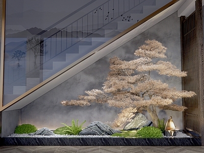 新中式石头松树室内景观小品 楼梯间景观小品 庭院植物小品 泰山石
