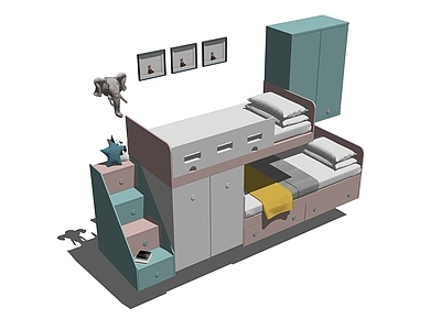 现代双层床 床上用品 上下铺 儿童柜 梯子 衣柜