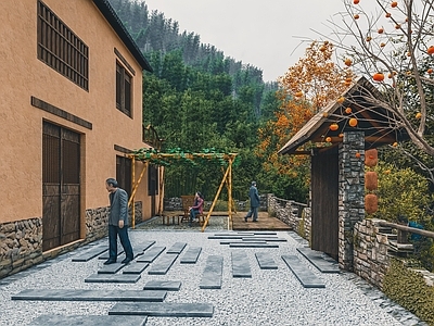 中式乡村庭院 民宿 茅草门头 休憩座椅