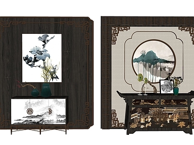 新中式端景条案 花木饰 装饰挂画 工艺饰品