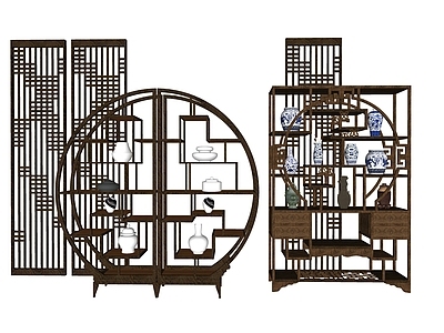 中式博古架 花格屏风 瓷器瓶罐摆件 实木圆形博古架