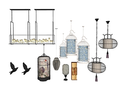 新中式灯具组合 吊灯 金属缕空鸟笼吊灯 金属条形蜡烛吊灯 禅意壁灯台灯吊灯组合