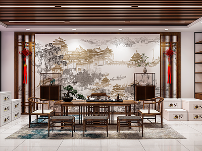 新中式店铺 茶台 办公桌 方管吊顶