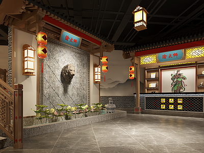 中式火锅店 八仙桌 长条凳 收银台