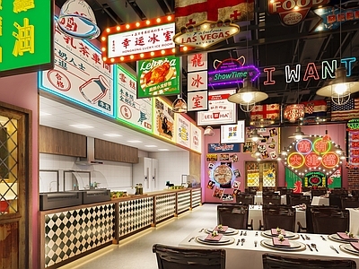 国潮复古风港式茶餐厅 大排档 收银台 小吃街