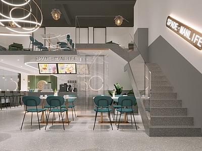 现代奶茶店 备餐区 收银 双层
