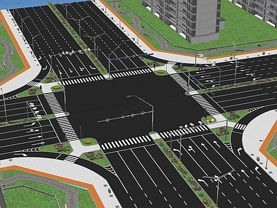 现代道路 十字路口 交通环岛 斑马线 红绿灯