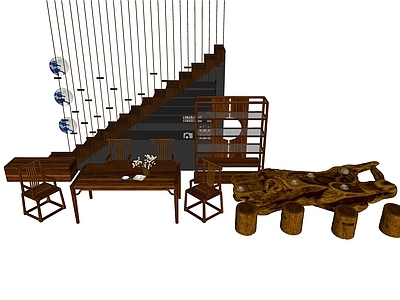 新中式茶台 实木茶桌椅 茶柜 实木收纳箱 根雕茶桌凳 木楼梯