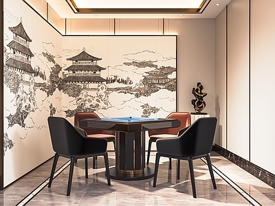 新中式棋牌室 麻将室 麻将桌组合 麻将馆 茶桌椅 装饰柜 背景墙