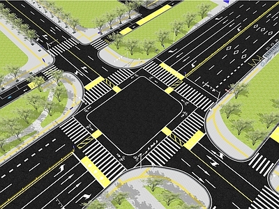 现代市政道路景观 十字路口 马路护栏 公路隔断墩 交通指示导向箭头红绿灯