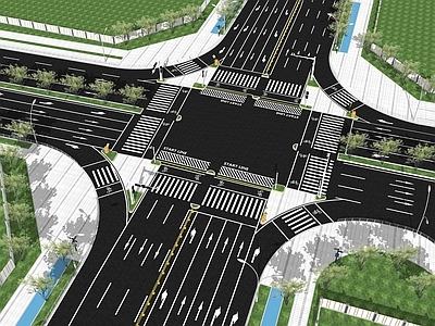 现代市政道路景观 十字路口 马路护栏 车道划线标识 交通指示牌 导向箭头