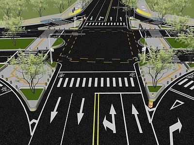 现代市政道路景观 丁字路口 斑马线 红绿灯 八车道划线 马路指示导向标识
