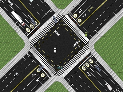 现代市政道路景观 十字路口 公路标准段 红绿灯 双车道 交通指示导向箭头