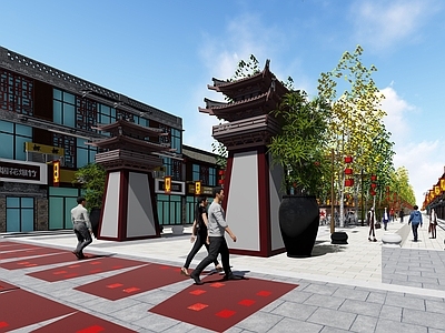 中式古镇商业街 汉阙 复古民俗古街老城 旧改古城集市 美丽乡村改造